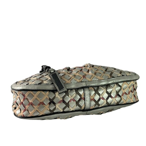 BURBERRY Silver Woven Leather and Nova Check Canvas Shoulder Bag Made in Italy - Picture 5 of 13